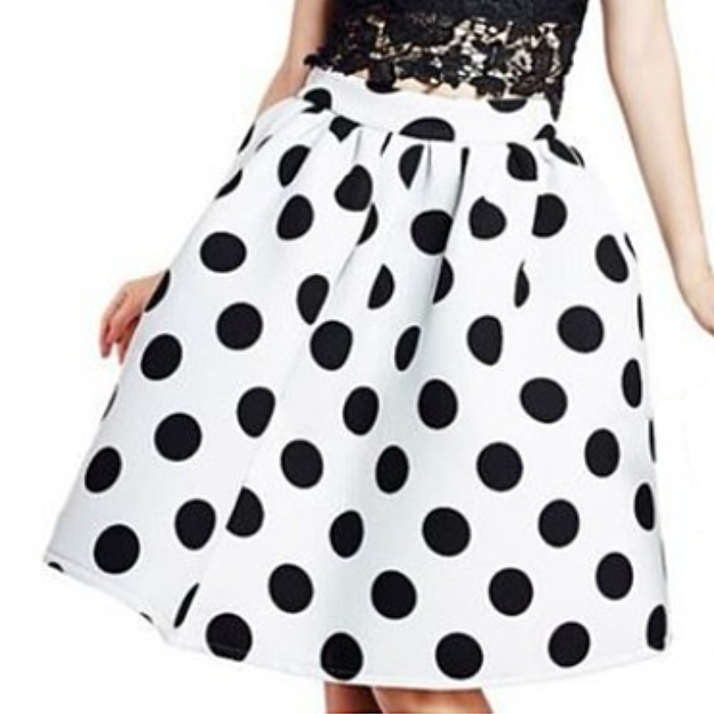 Pleated Polka Dot Flare Skirt White Black Petite XXS